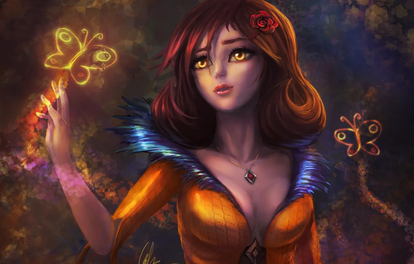 Photo wallpaper eyes, look, girl, decoration, face, butterfly, hair, dress