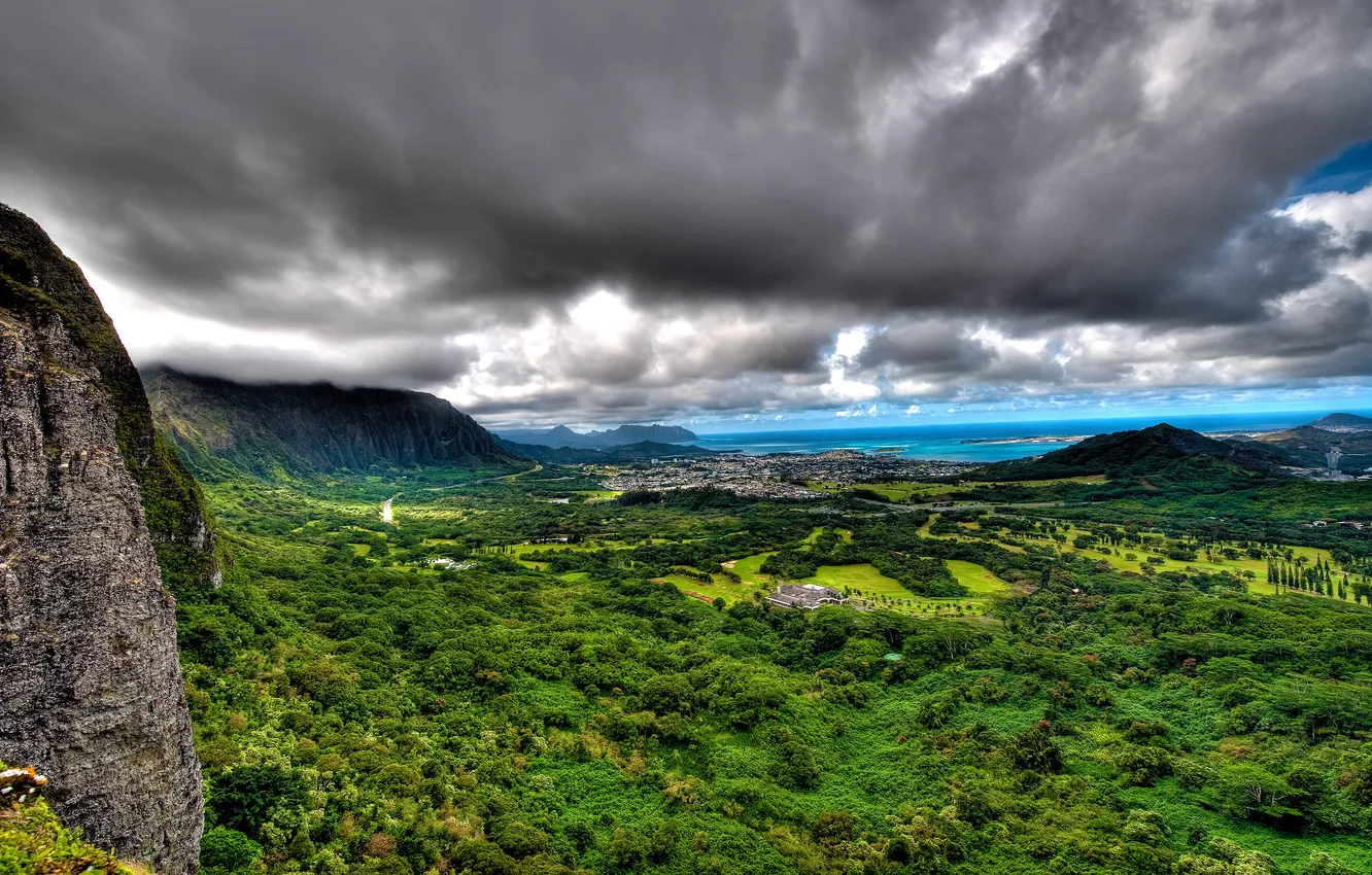 Photo wallpaper forest, the sky, clouds, trees, landscape, mountains, clouds, nature