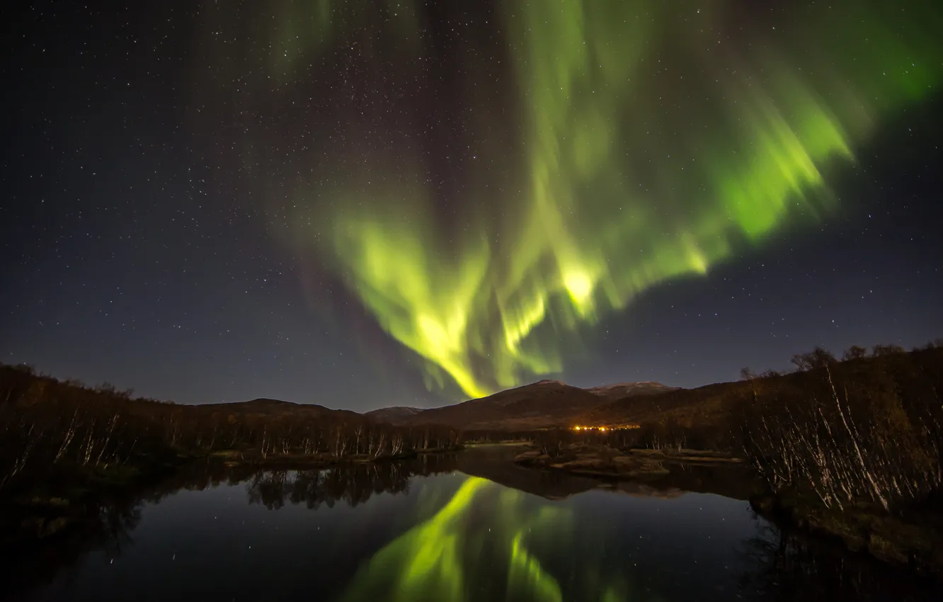 Photo wallpaper forest, the sky, stars, mountains, night, lake, Northern lights