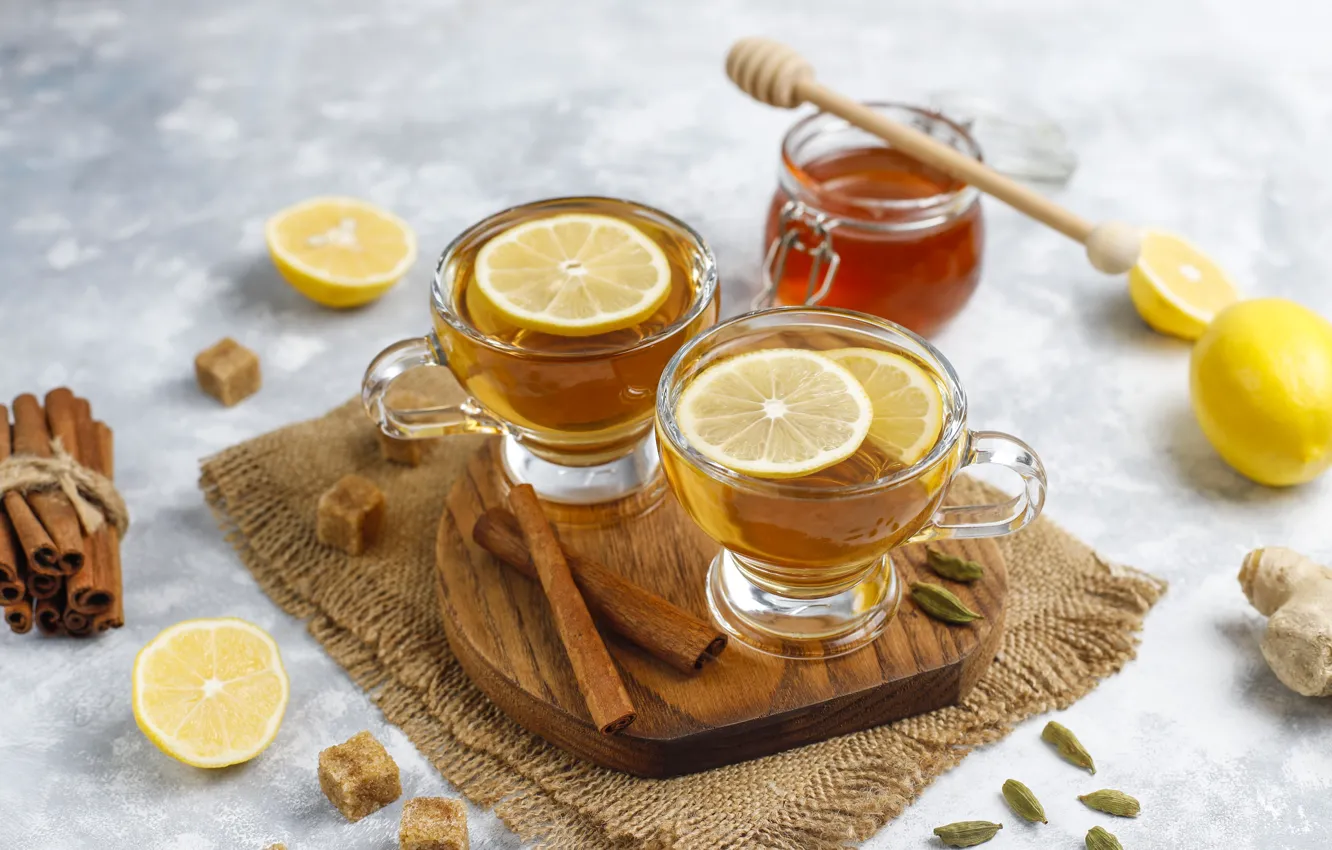 Photo wallpaper table, lemon, tea, honey, the tea party, Cup, dishes, cinnamon