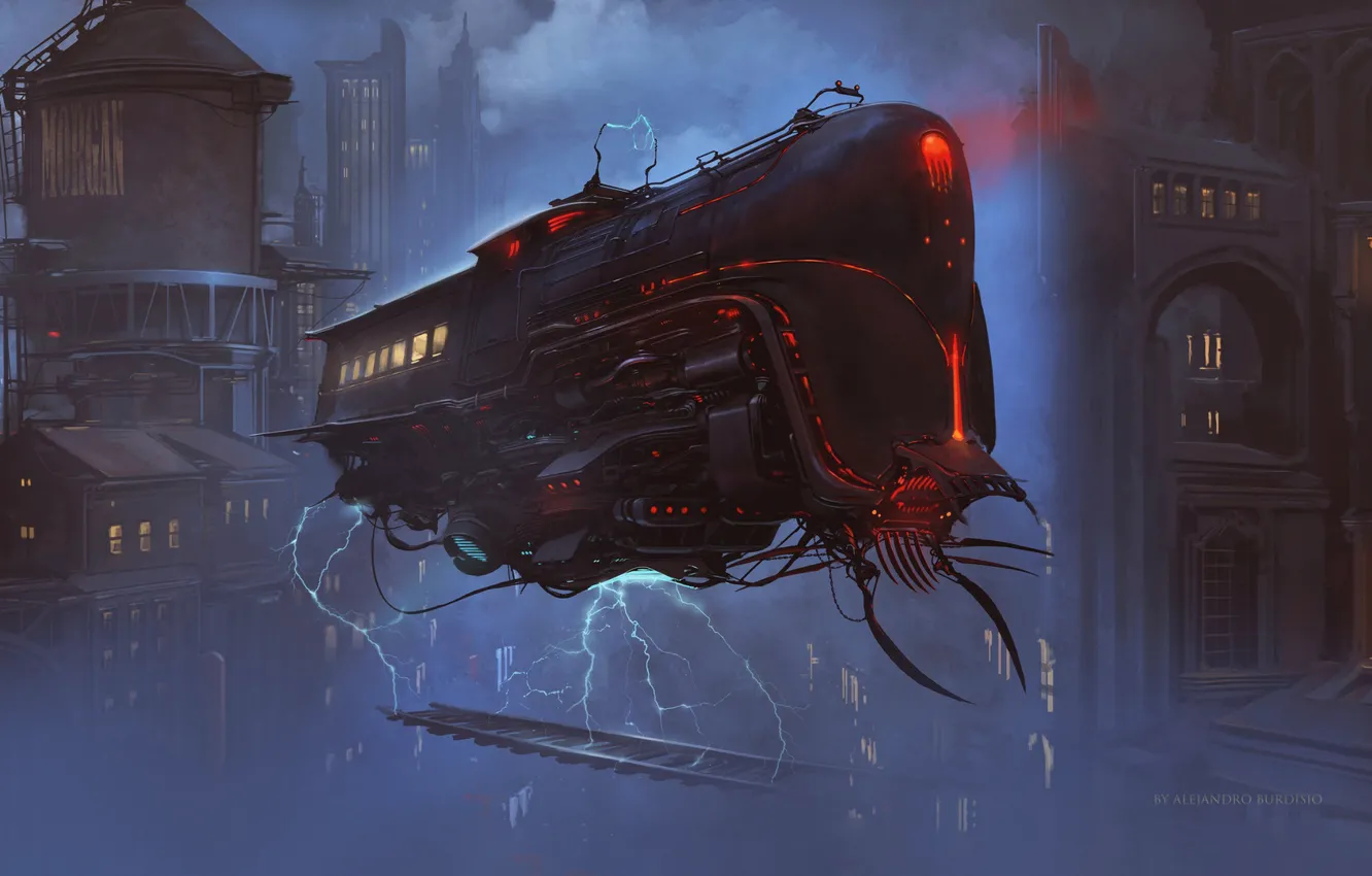 Photo wallpaper night, the city, fiction, the world, figure, train, art, locomotive