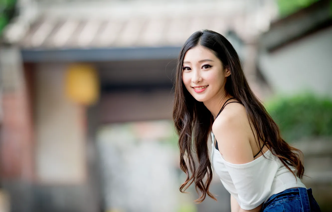 Photo wallpaper girl, smile, Asian, cutie, bokeh