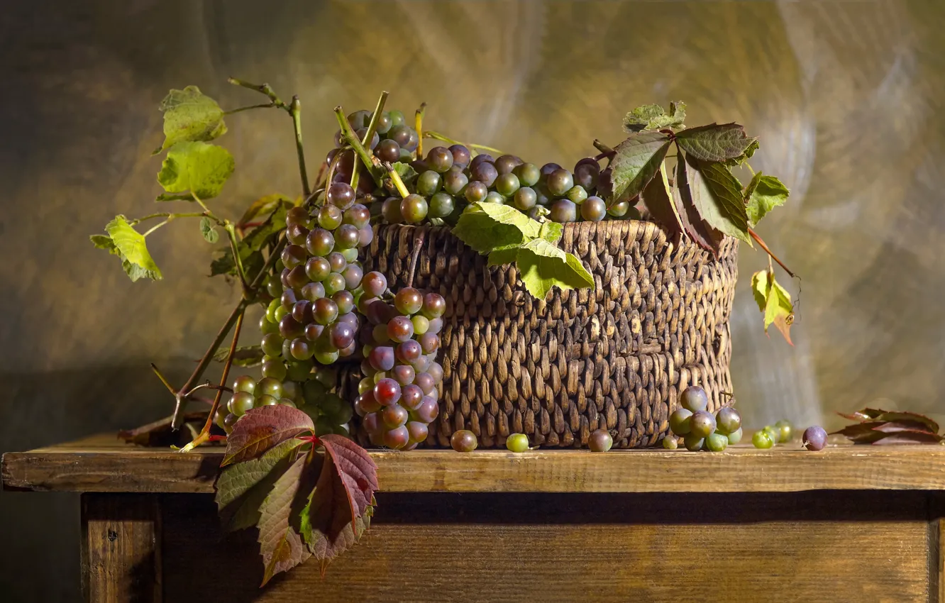 Photo wallpaper leaves, table, wall, food, grapes, bunch, still life, basket