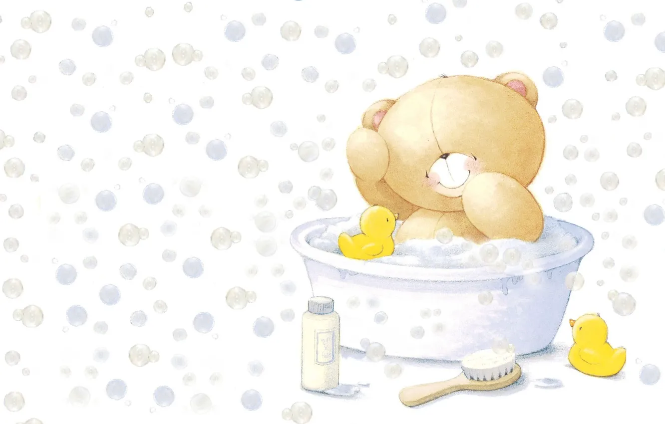 Photo wallpaper smile, bubbles, mood, toy, bathing, art, bear, bath