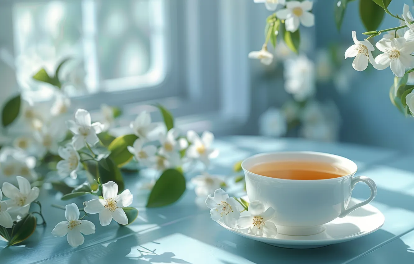 Photo wallpaper leaves, light, flowers, freshness, comfort, table, tea, shadow