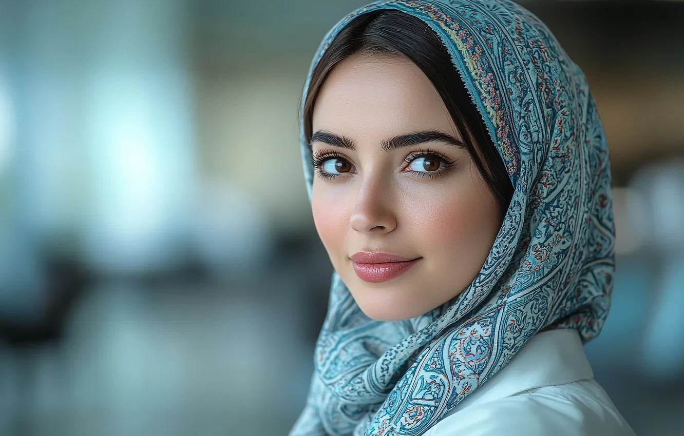 Photo wallpaper look, girl, face, smile, blue, portrait, makeup, brunette