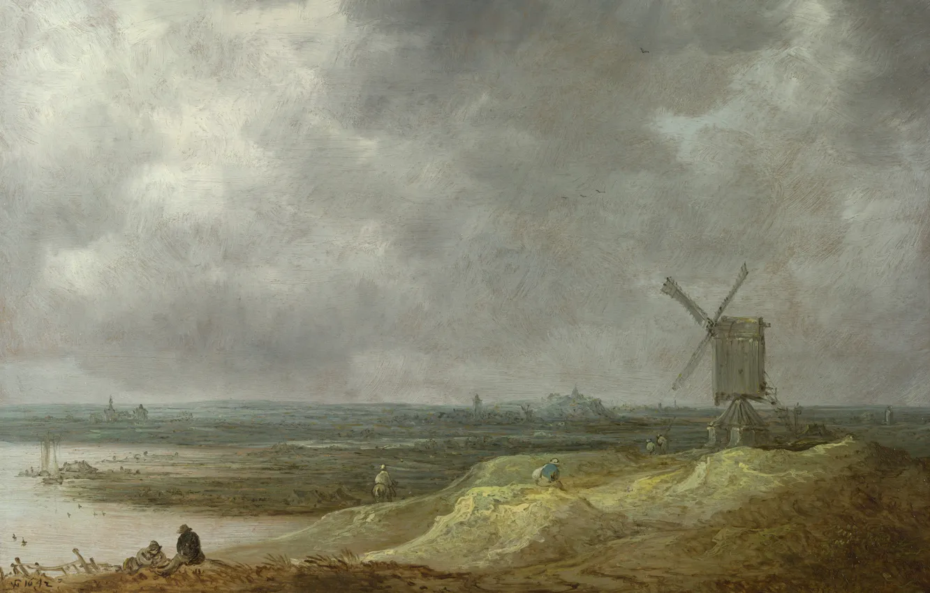Photo wallpaper landscape, picture, Jan van Goyen, Jan van Goyen, Windmill by the River