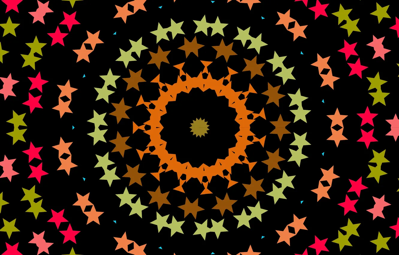 Photo wallpaper pattern, round, black background, kaleidoscope, red stars