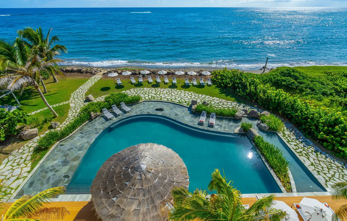 Photo wallpaper stay, umbrella, Saint Kitts and Nevis, the hotel, sea, Caribbean, pool