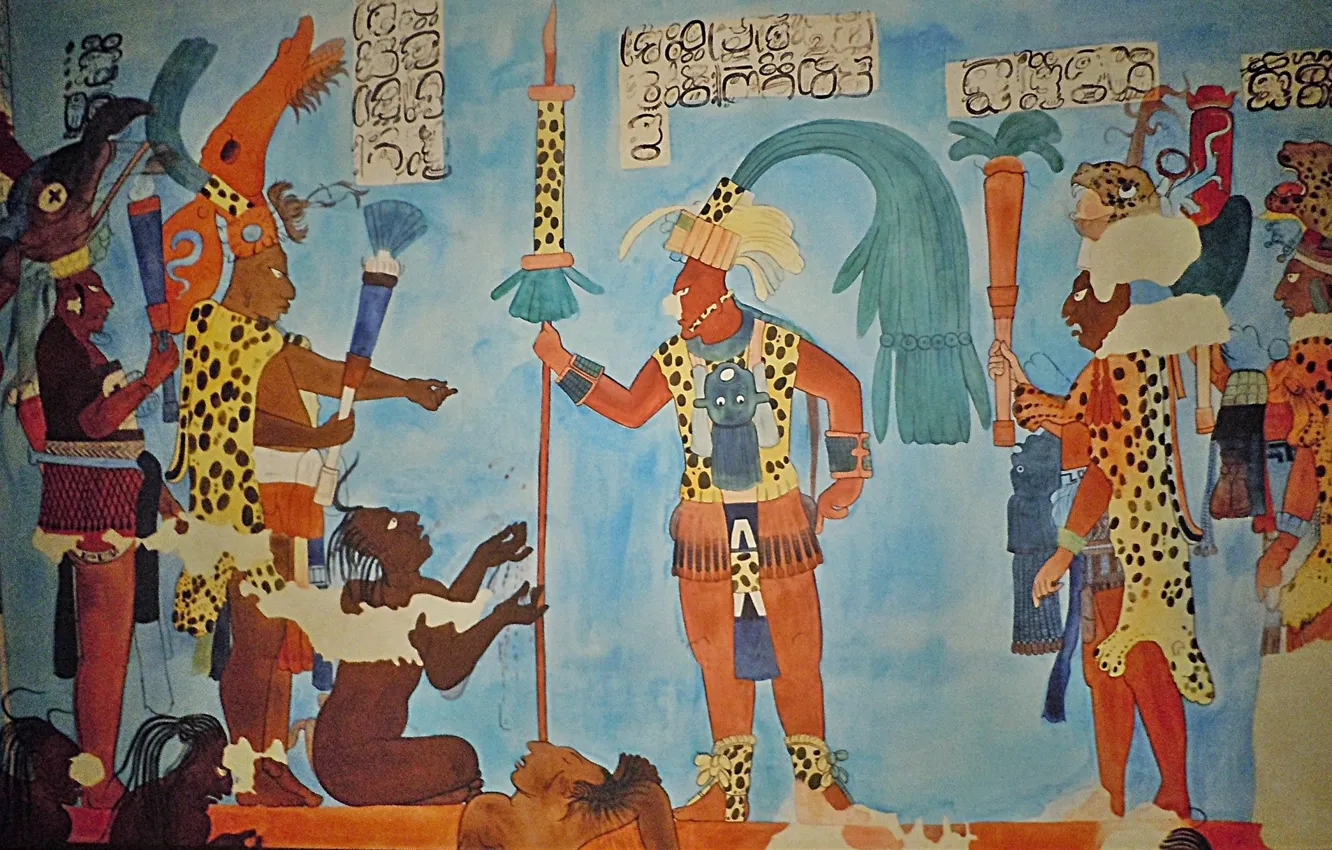 Photo wallpaper the inscription, figure, heritage, Maya, art, Murals and Monuments, Mayan frescoes, murals at Bonampak ruler …