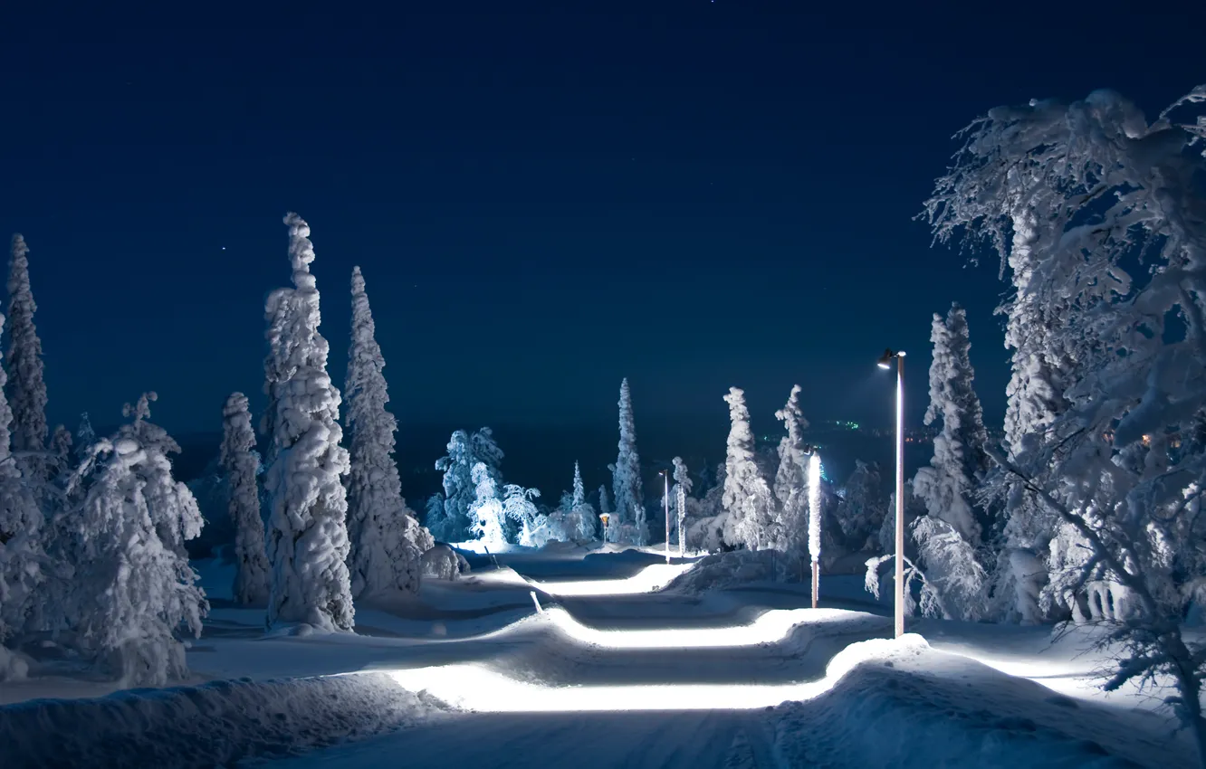 Photo wallpaper winter, road, the sky, snow, trees, night, lights