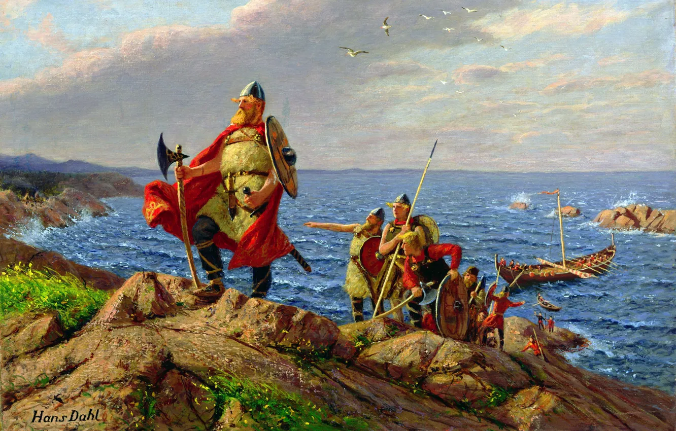 Photo wallpaper the ocean, shore, ship, picture, warrior, male, Norwegian painter, Hans Dahl