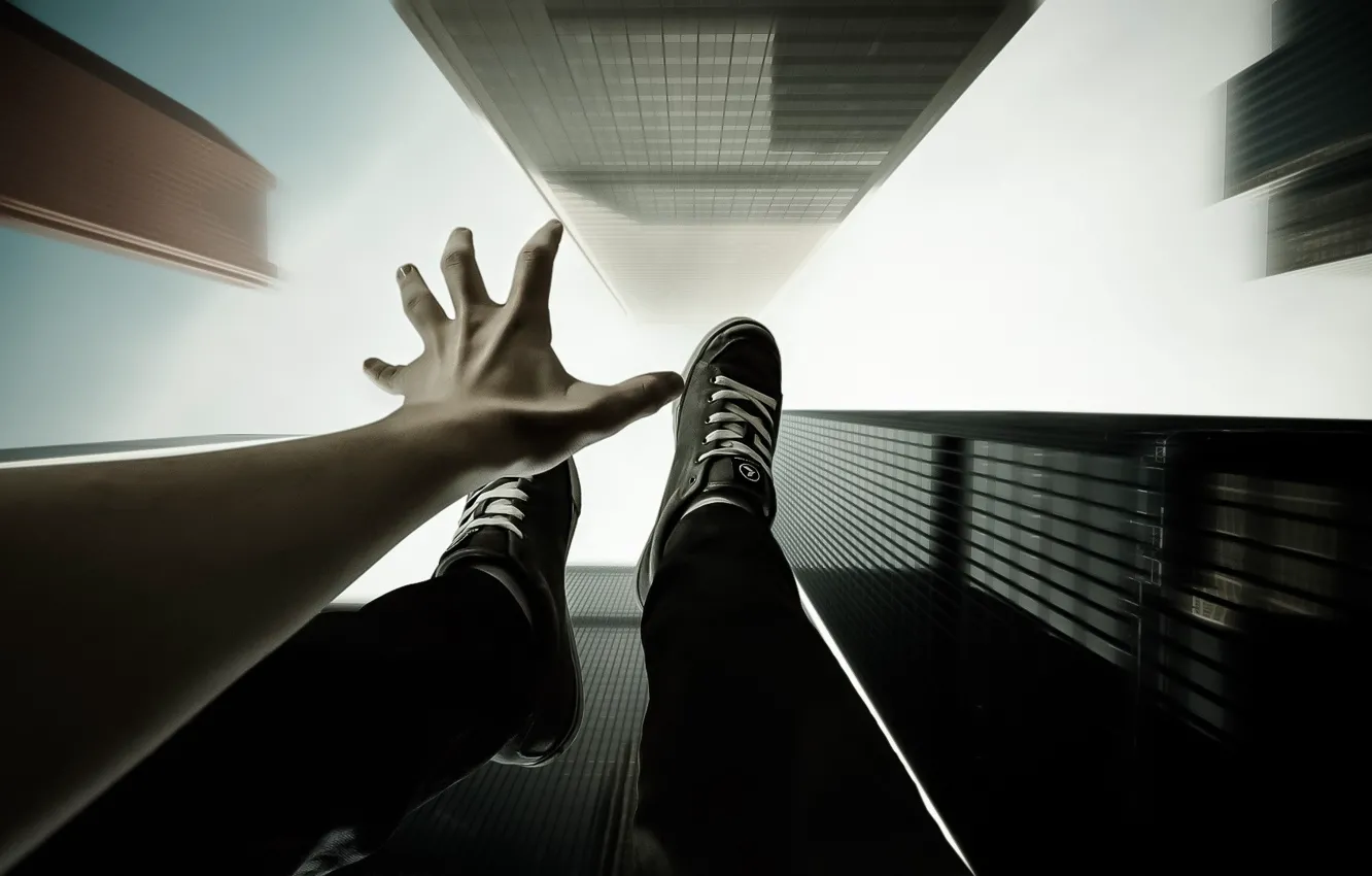 Photo wallpaper the sky, flight, style, skyscrapers, hands, drop, art, guy