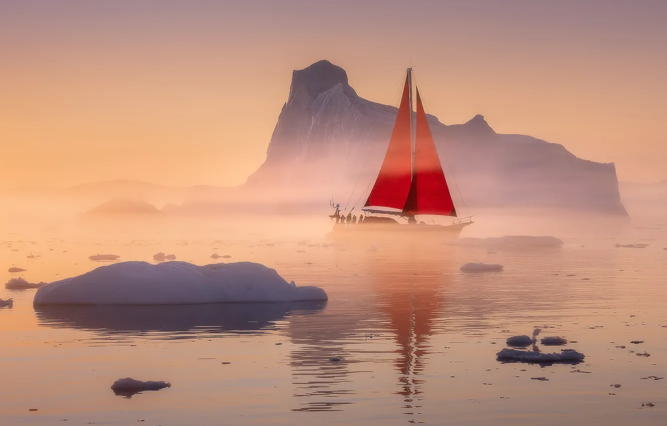 Photo wallpaper sea, glacier, sails
