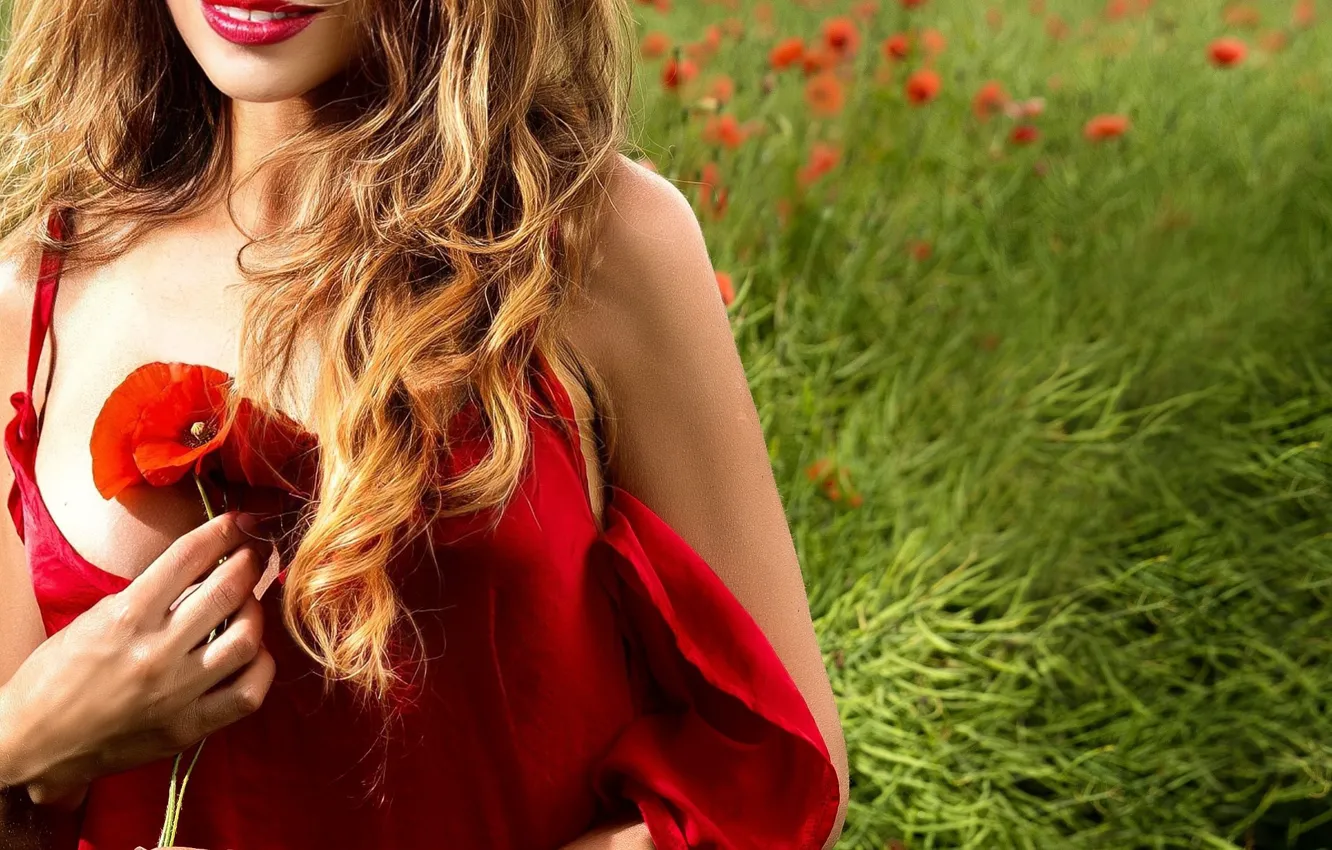 Photo wallpaper field, grass, flowers, smile, mood, hair, Mac, spring