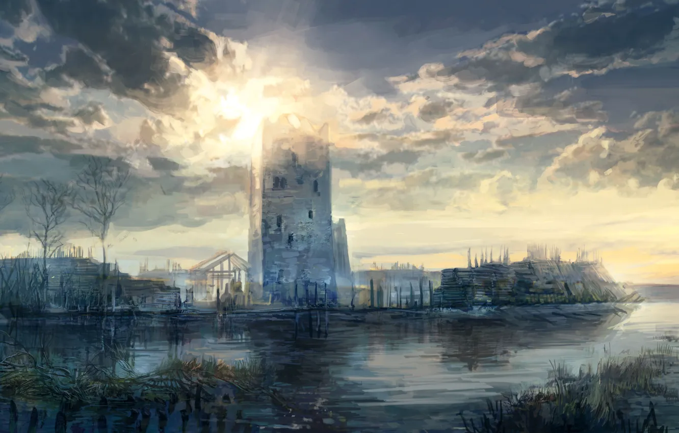 Photo wallpaper the sky, clouds, trees, lake, tower, art, fortress, The Witcher 3: Wild Hunt