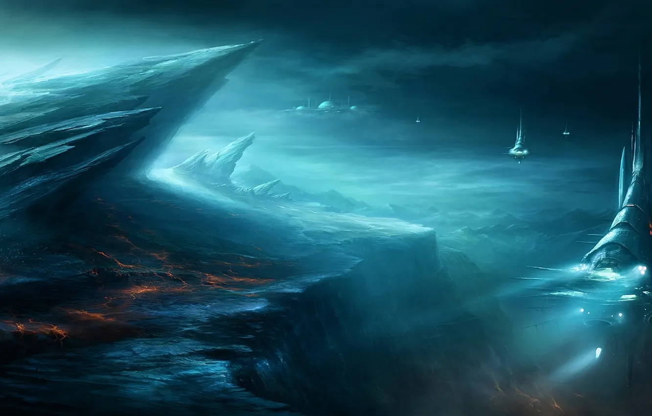 Photo wallpaper light, ship, planet, art, spotlight, korbox