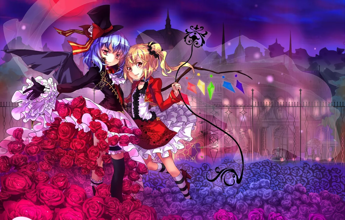 Photo wallpaper flowers, night, the city, the moon, girls, the fence, roses, wings