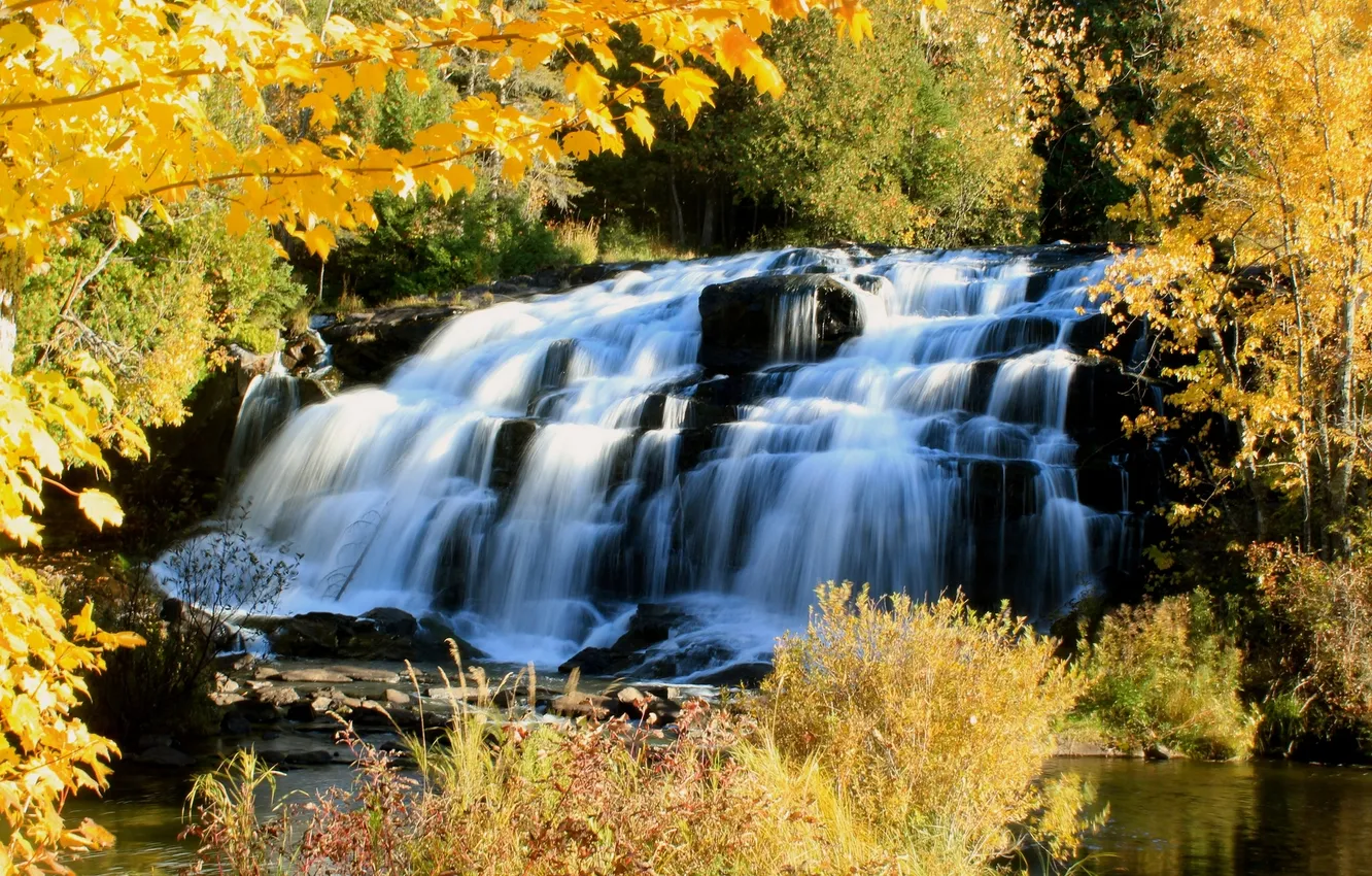 Photo wallpaper autumn, trees, waterfall, cascade, Michigan, Bond Falls