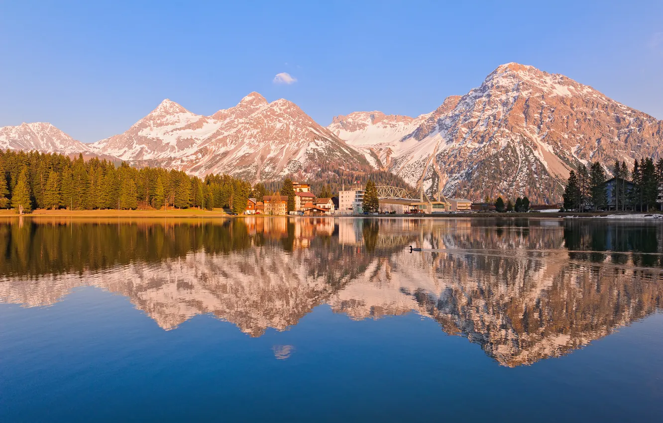 Photo wallpaper forest, landscape, mountains, nature, lake, reflection, home, town