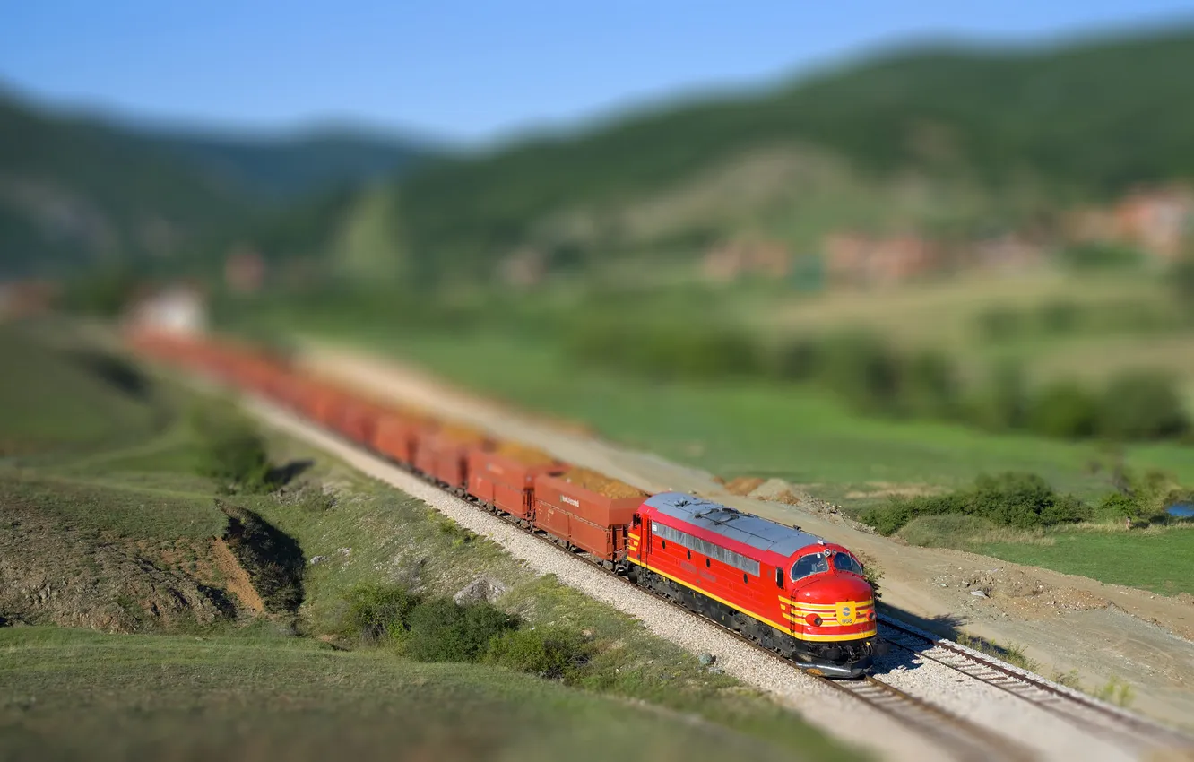 Photo wallpaper road, train, effect, tilt shift, tilt shift