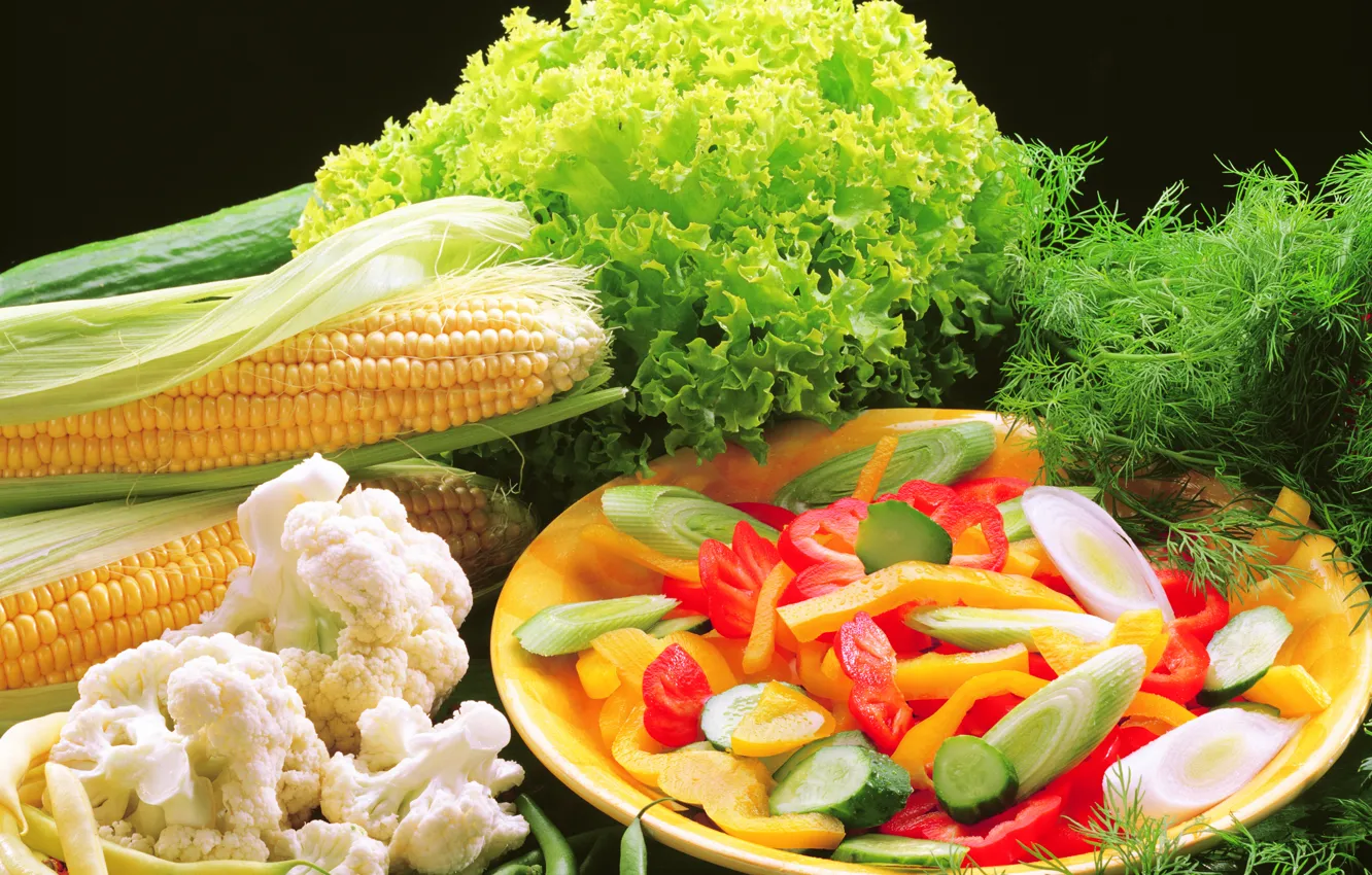 Photo wallpaper greens, corn, bow, pepper, vegetables, fresh, cabbage, corn