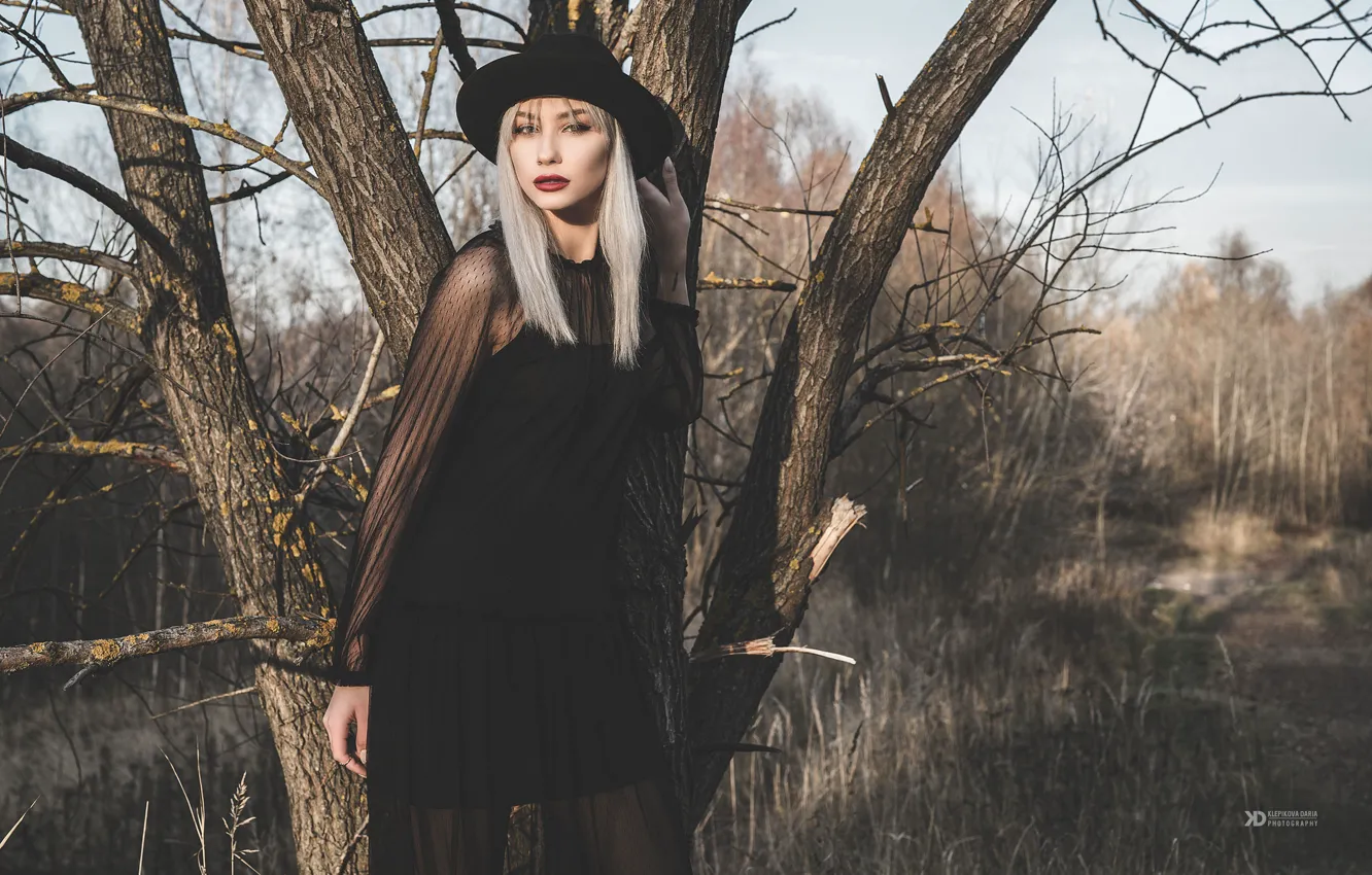 Photo wallpaper autumn, girl, pose, style, tree, dress, hat, Daria Klepikova