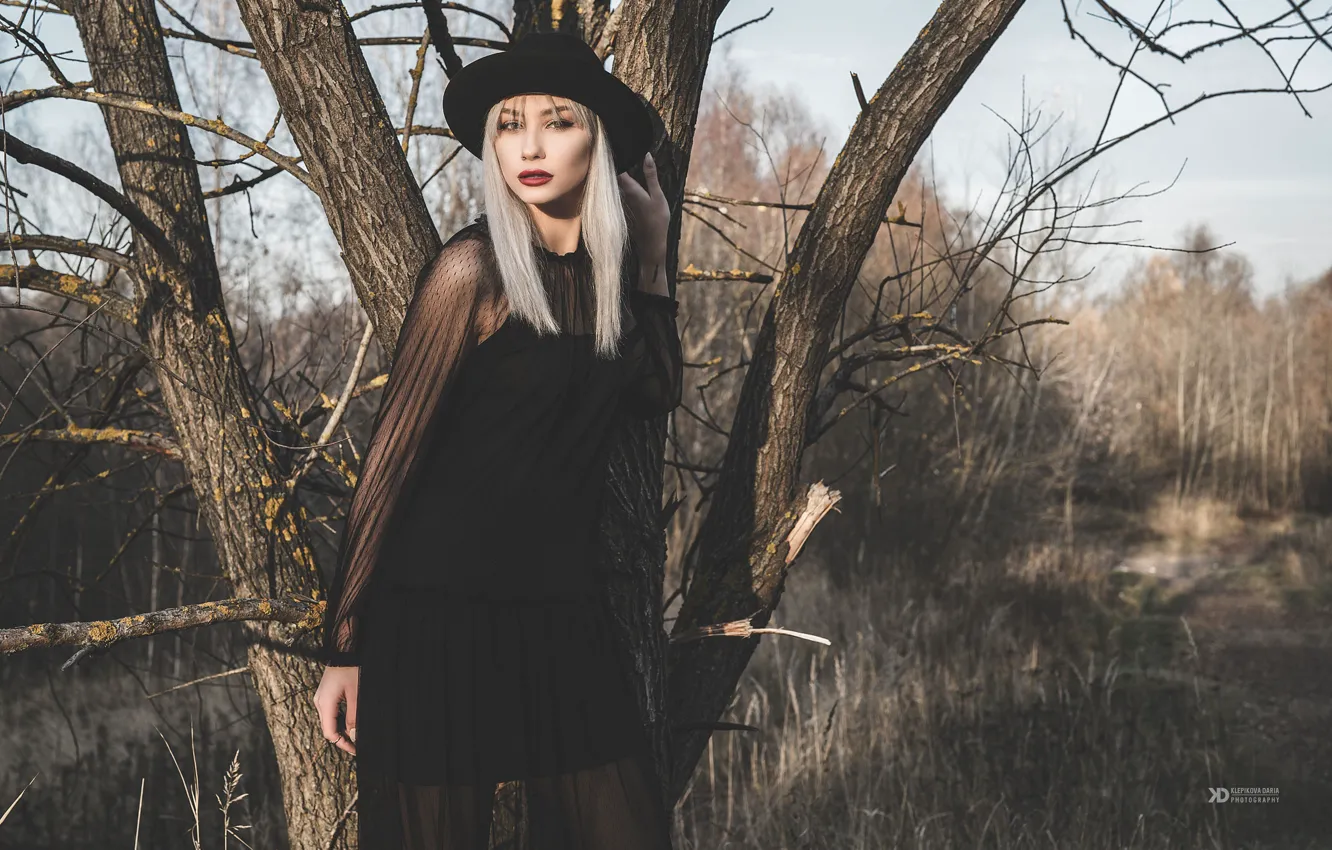 Photo wallpaper autumn, girl, trees, pose, style, dress, hat, Daria Klepikova