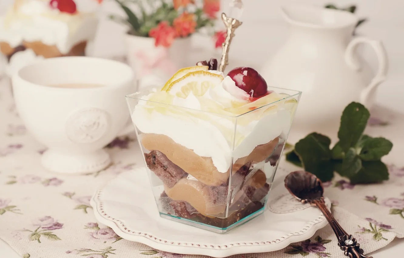 Photo wallpaper lemon, Cup, cream, dessert