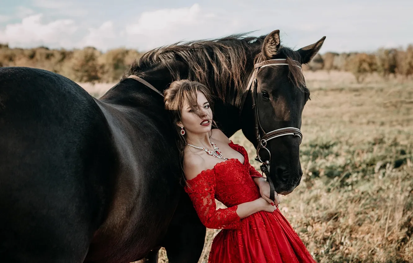Photo wallpaper look, girl, pose, horse, horse, brown hair, red dress, Mila Agafonova