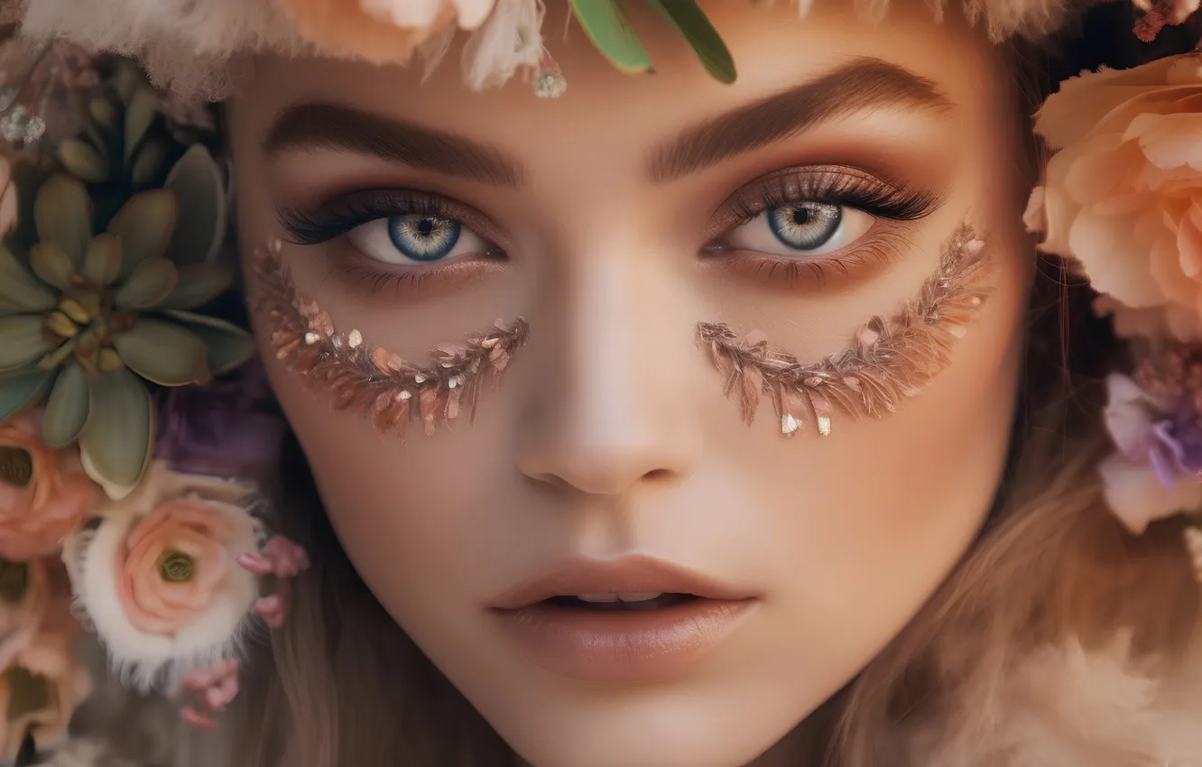 Photo wallpaper look, girl, makeup, rhinestones