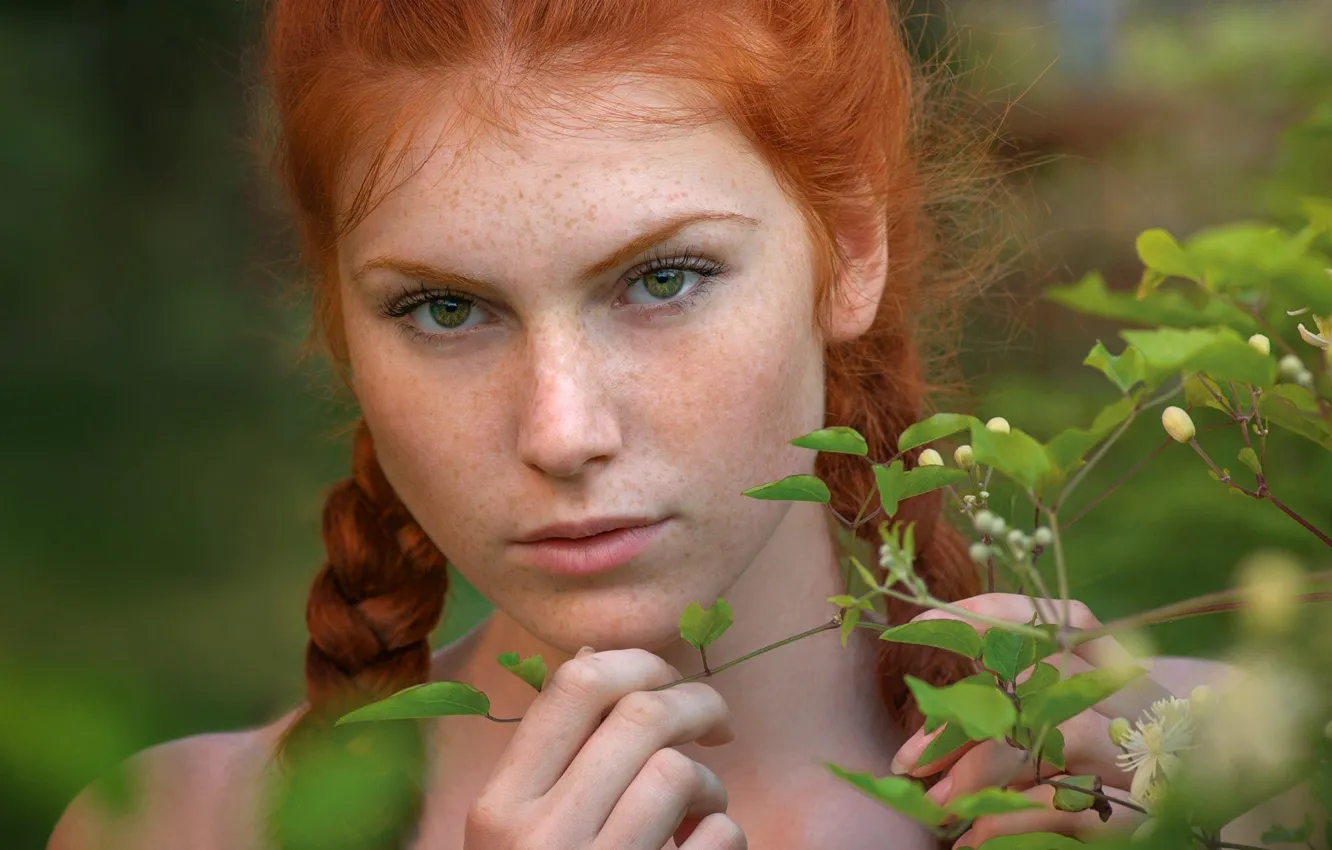 Photo wallpaper eyes, look, leaves, girl, branches, freckles, braid, red