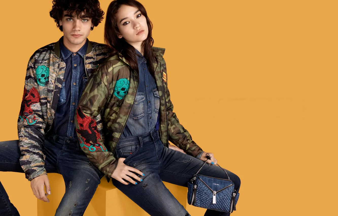 Photo wallpaper girl, handbag, guy, two, Diesel, Miles Frank, Fashion Campaign, Mona Motsuoka