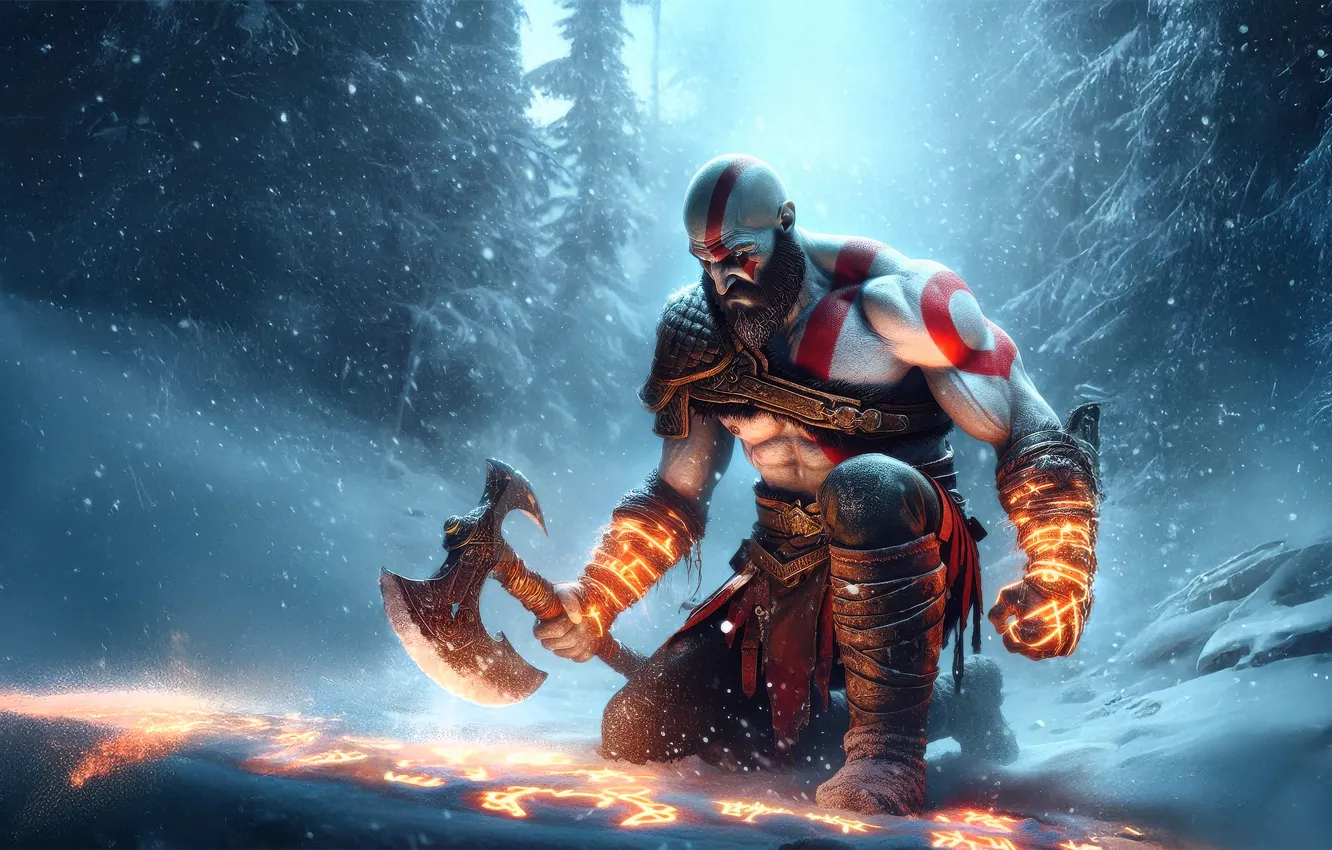 Photo wallpaper god of war, weapon, kratos, sony, snow, man, blade, cool