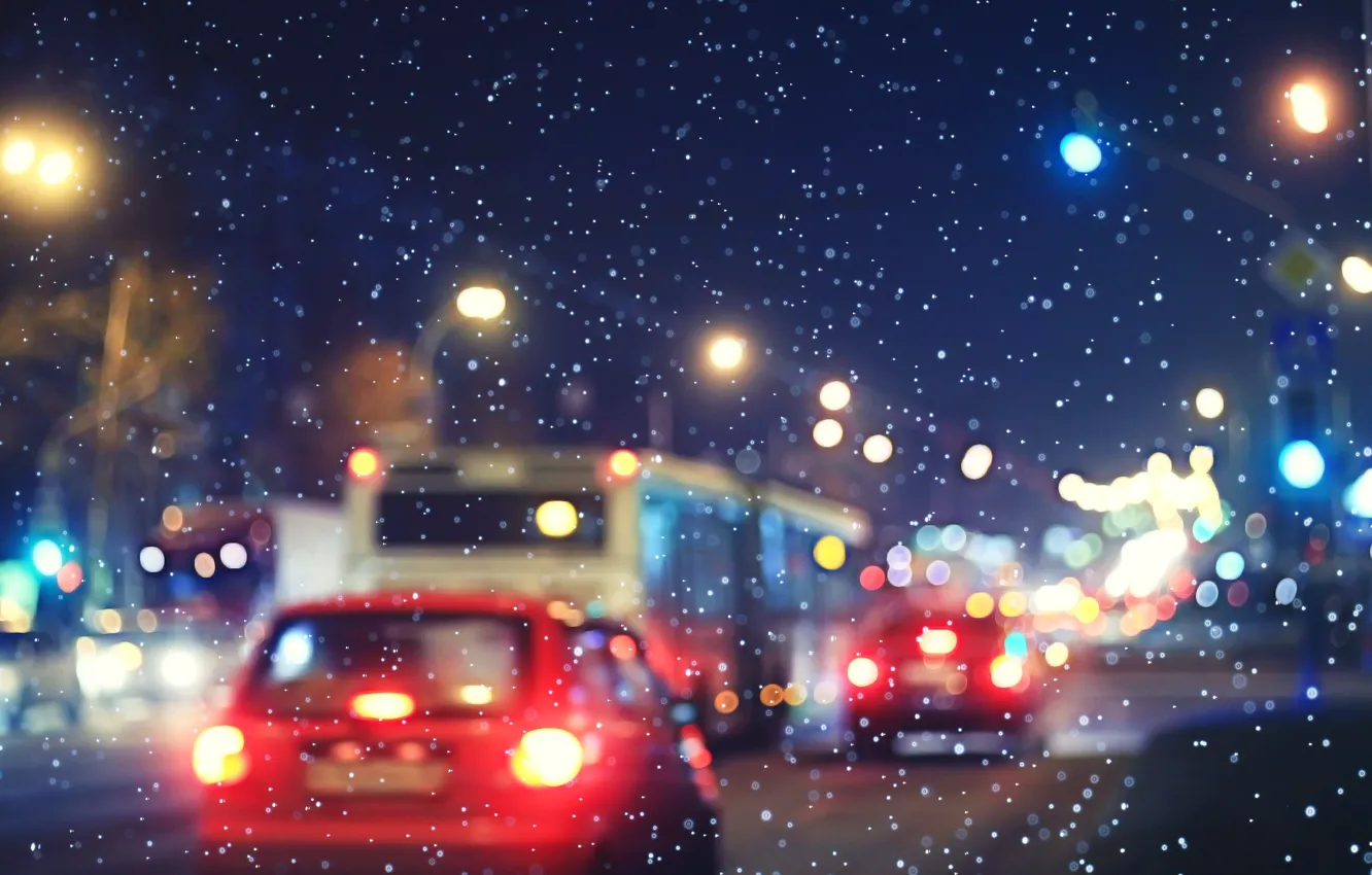 Photo wallpaper machine, snow, the city, movement, street