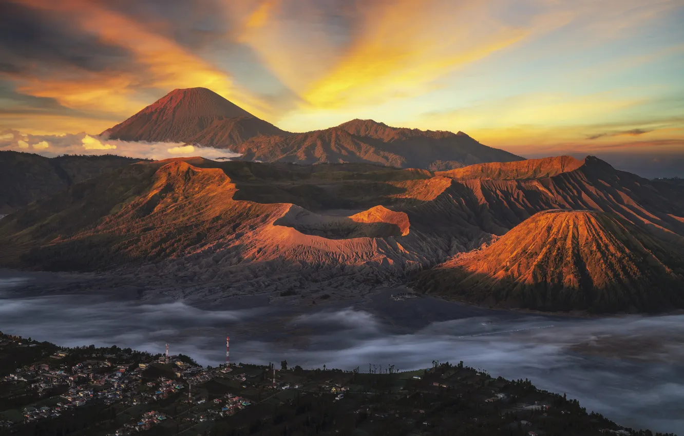Photo wallpaper the sky, sunset, mountains, island, the volcano, Indonesia, Bromo, Java