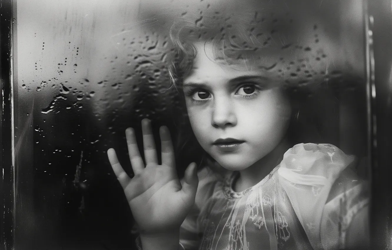 Photo wallpaper look, glass, drops, children, face, the dark background, rain, portrait