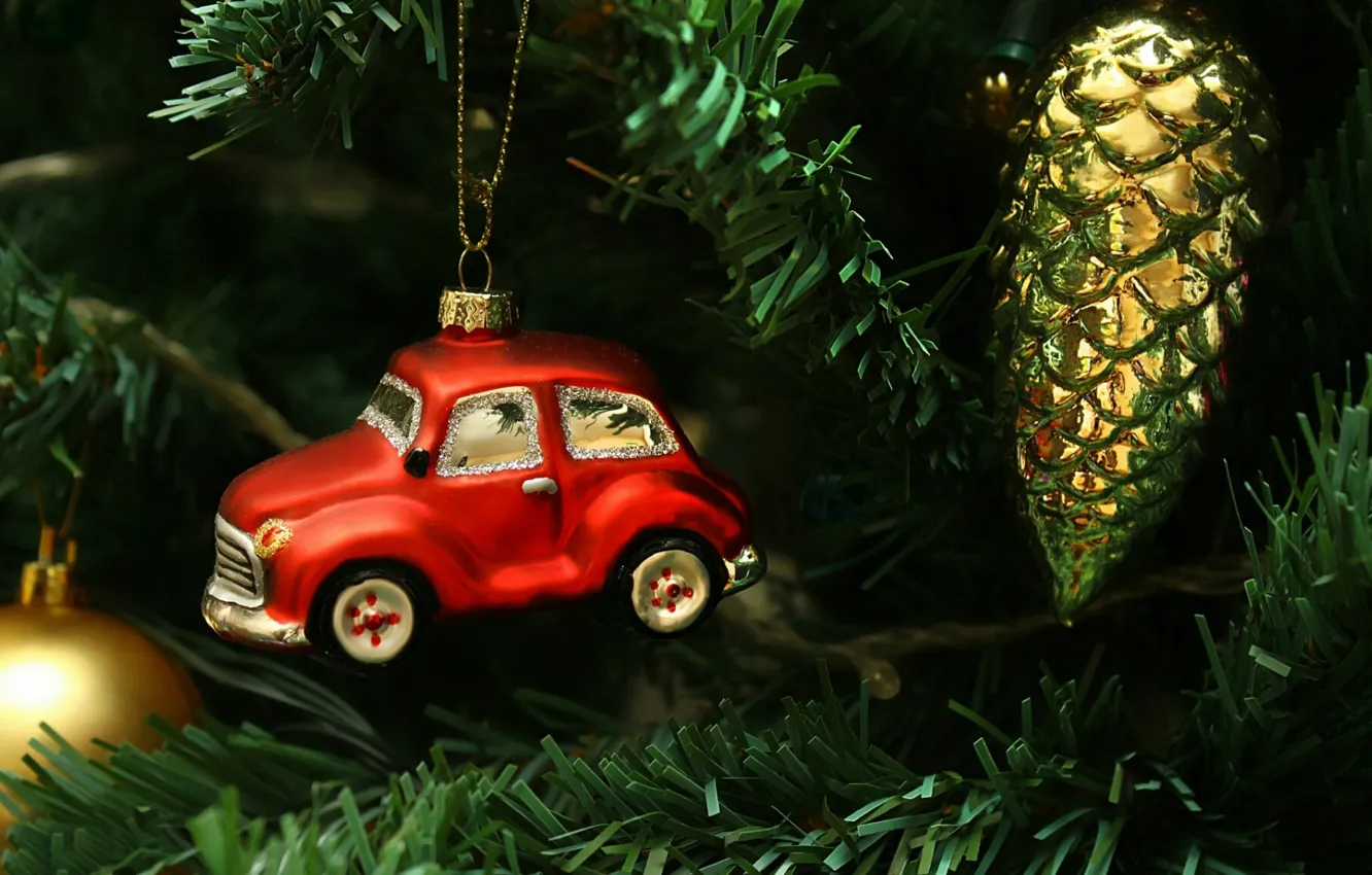 Photo wallpaper greens, machine, decoration, mood, toy, tree, needles, bumps