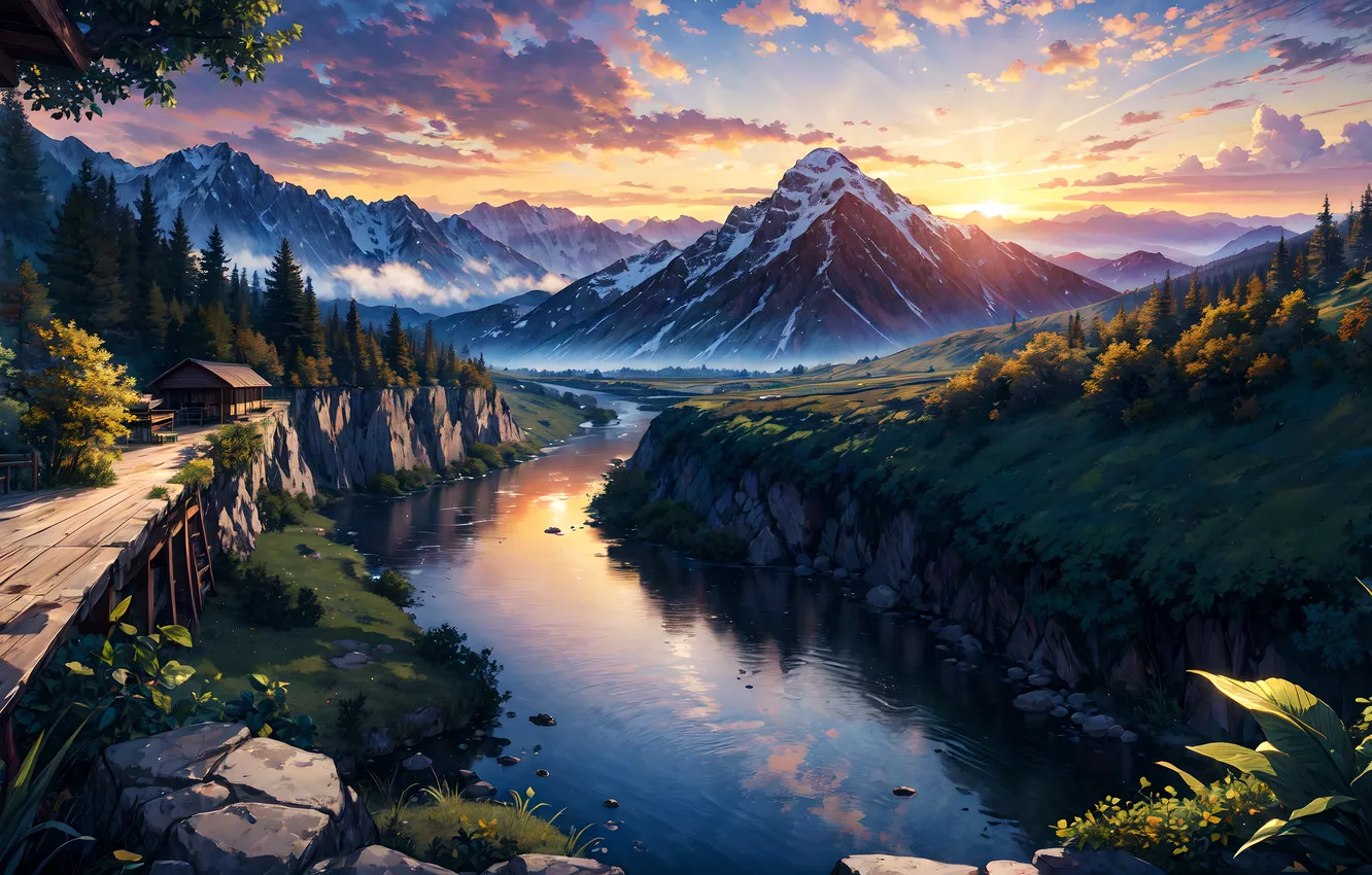 Photo wallpaper forest, river, landscape, nature, mountains