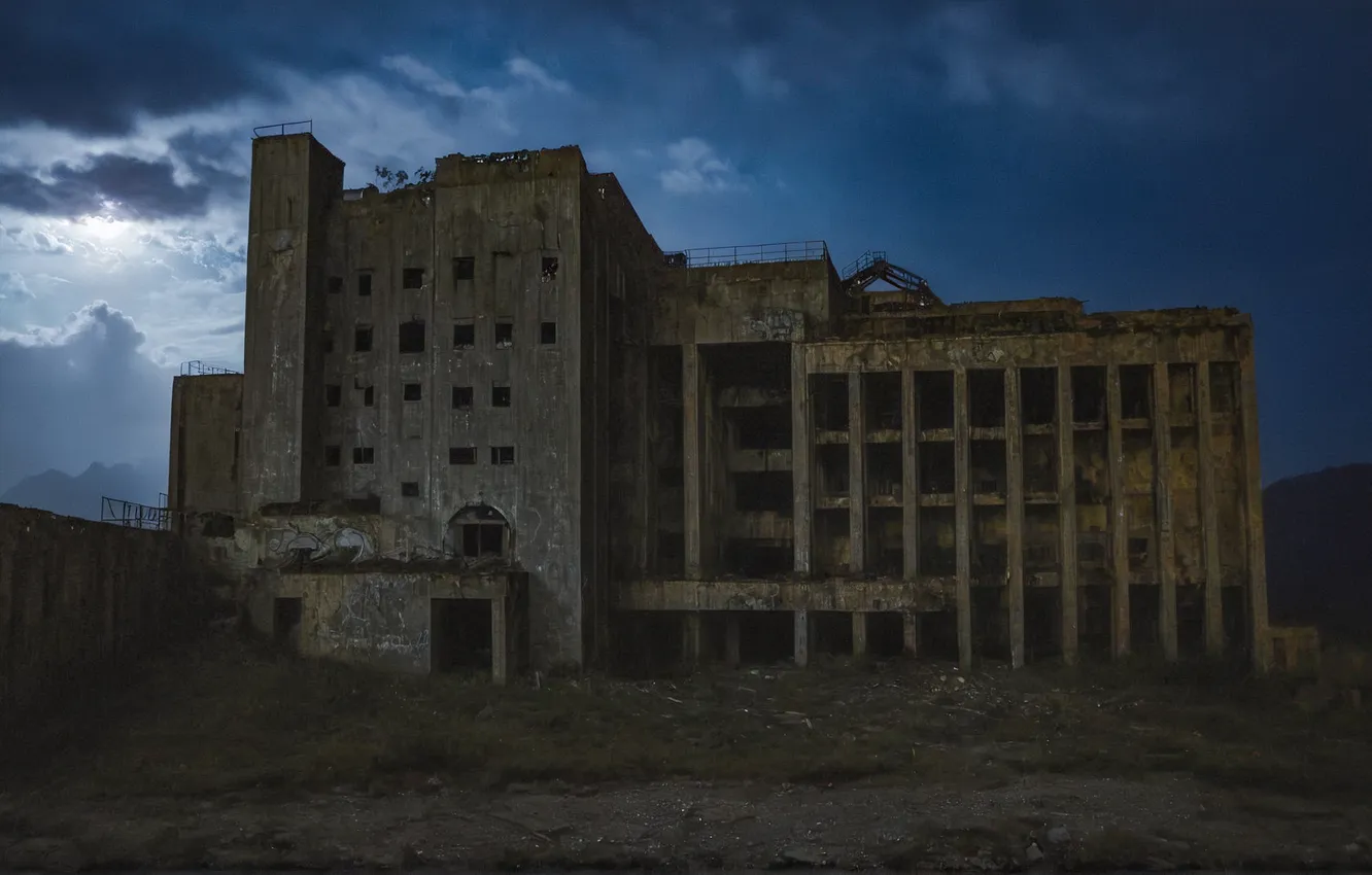 Photo wallpaper the sky, clouds, night, the moon, architecture, Abandoned factory, AI ART, neural network