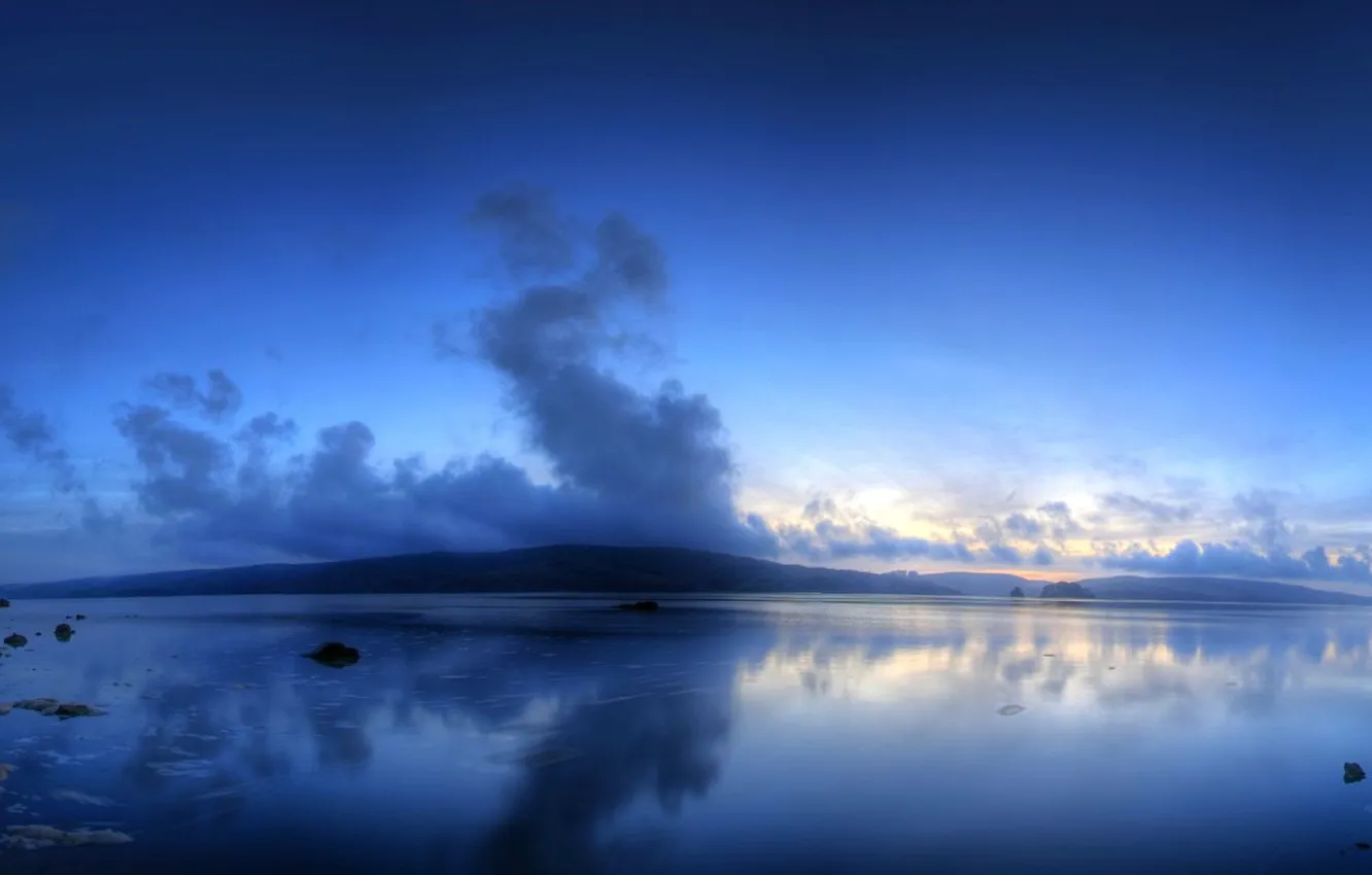 Photo wallpaper clouds, blue, hills, Lake