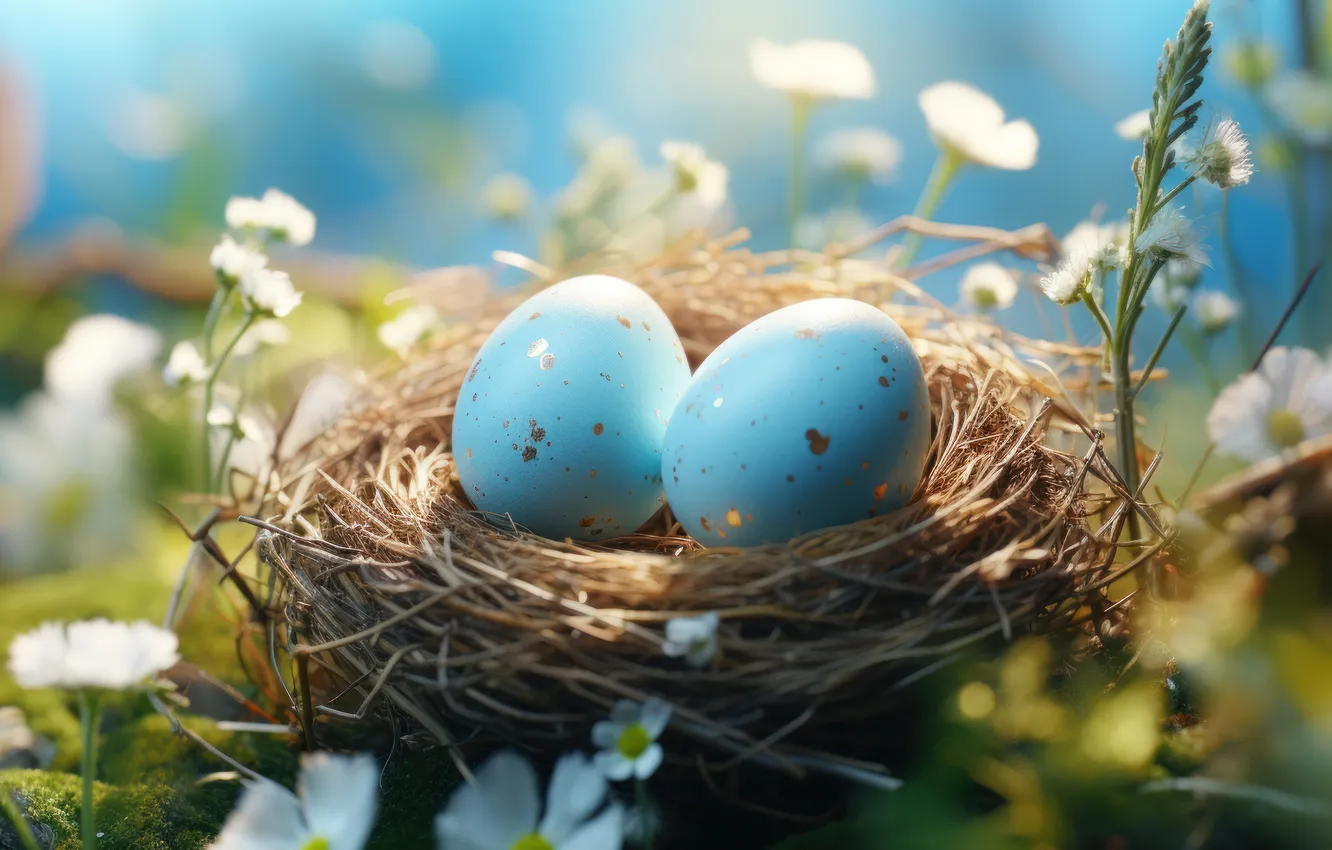 Photo wallpaper light, flowers, branches, holiday, blue, eggs, blur, spring