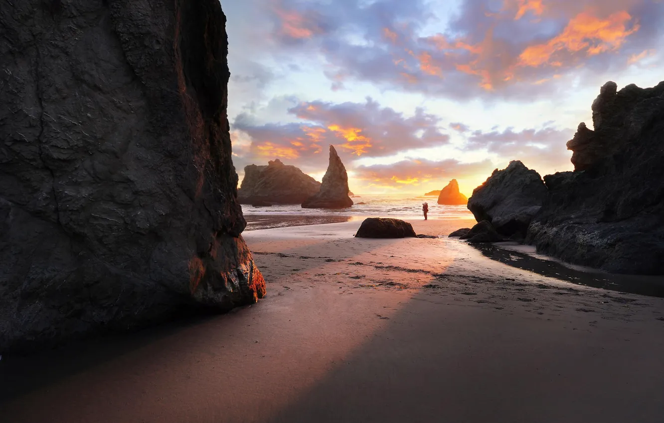 Photo wallpaper sand, beach, the ocean, rocks, morning
