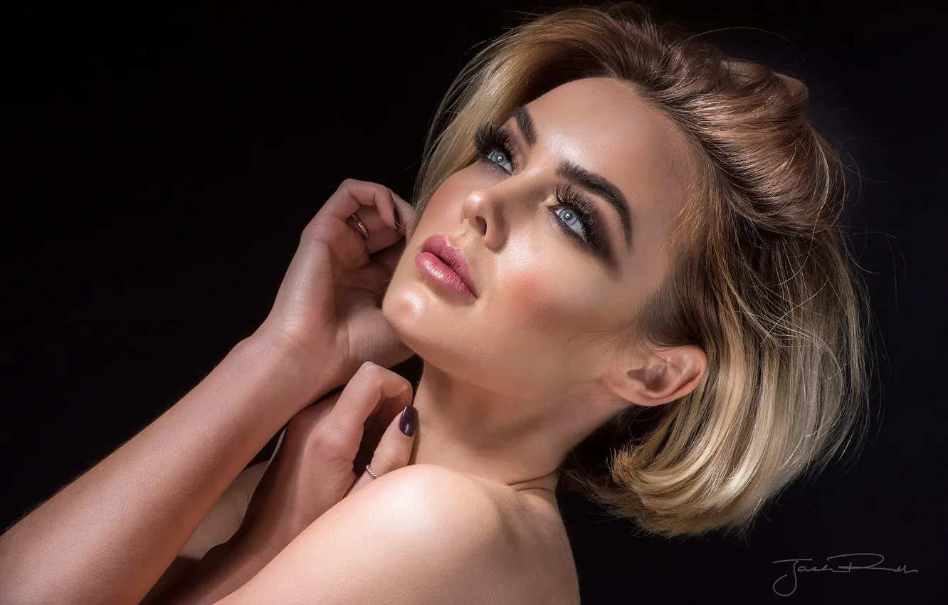 Photo wallpaper model, portrait, hands, makeup, hairstyle, blonde, beauty, black background