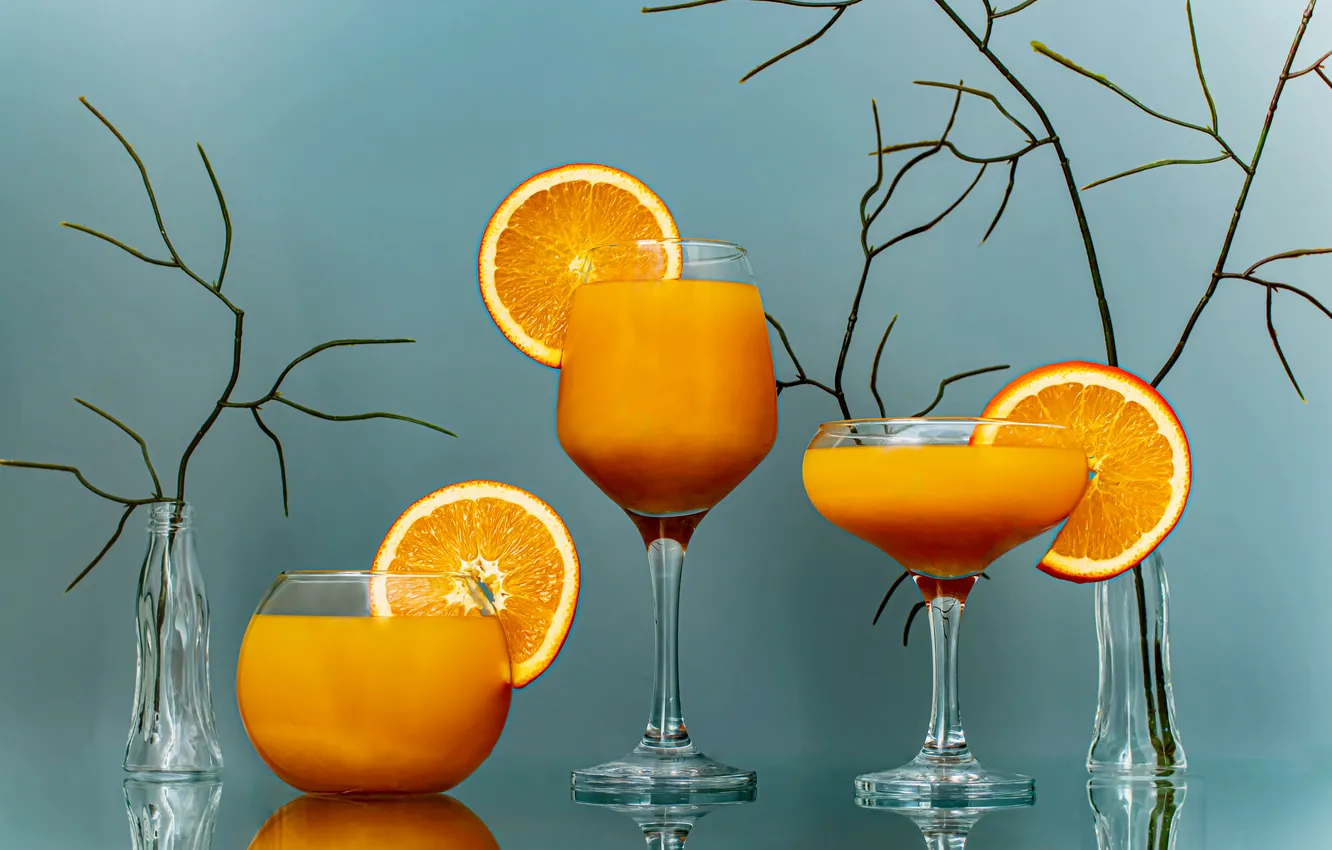 Photo wallpaper branches, glass, orange, juice, still life, slices, orange juice, bottle