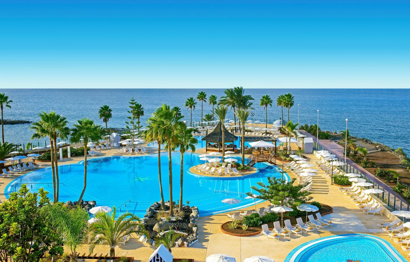 Photo wallpaper sea, palm trees, pool, the hotel, Spain, Tenerife, The Canary Islands, Iberostar Selection Anthelia