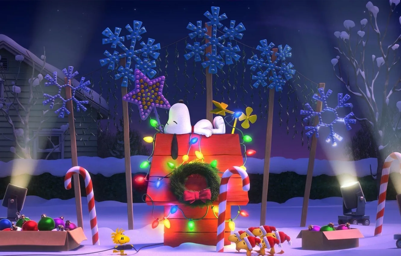 Photo wallpaper lights, christmas, puppy, bird, dog, flowers, snow, cartoon