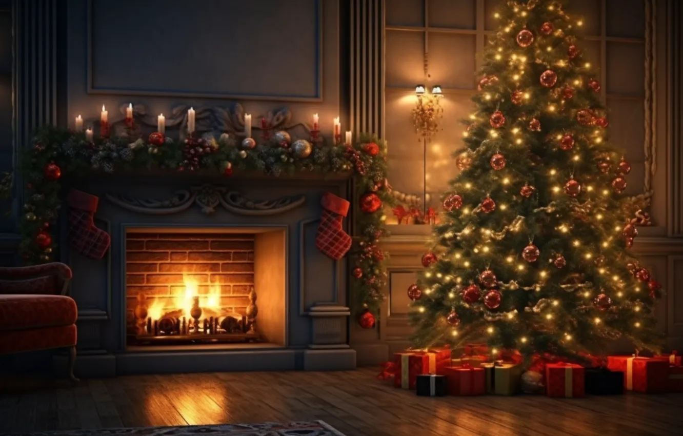 Photo wallpaper decoration, room, gift, balls, tree, new year, interior, Christmas