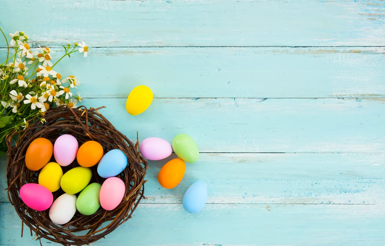 Photo wallpaper flowers, basket, eggs, spring, colorful, Easter, wood, pink