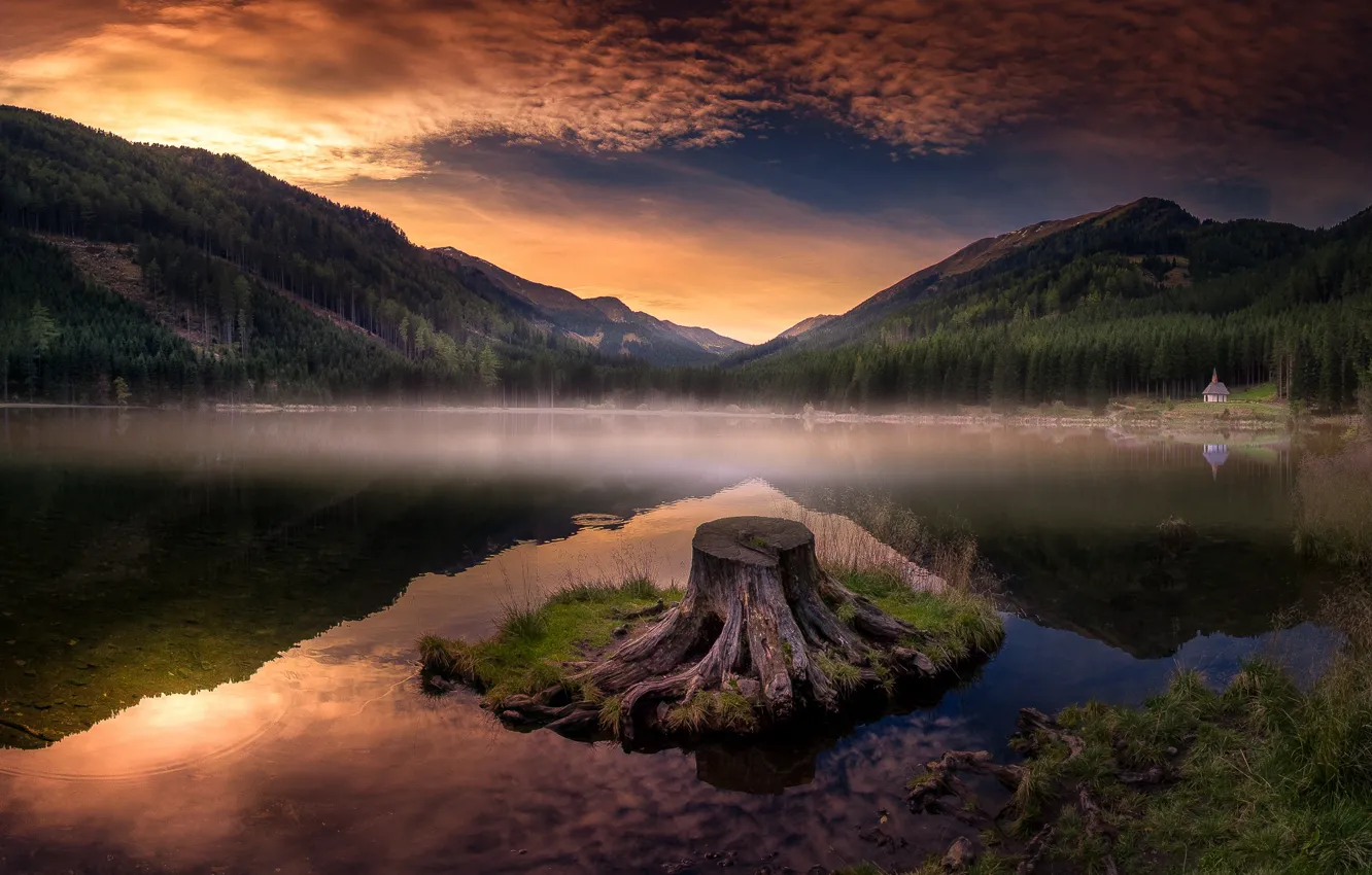 Photo wallpaper clouds, mountains, shore, stump, the evening, pond